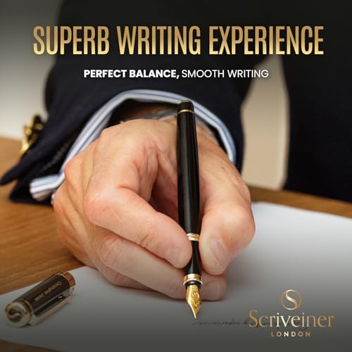 Image of Scriveiner Personalized Black Fountain Pen - Stunning Luxury Pen, Jet Black Lacquer, Real Gold Plating, German Schmidt Nib (Medium), Best Engraved Gift Set for Men & Women, Name Engraving