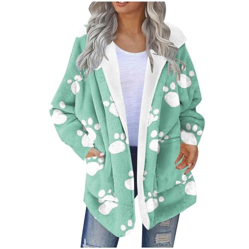 NZYIHAO Plüschjacke Damen Hundepfote Druck Winterjacke Warm Fleecejacke Kapuze Teddyjacke Lockere Übergangsjacke Fleece Strickjacke Winter Kapuzenjacke Teddy Wintermantel Open Front Fleecemantel