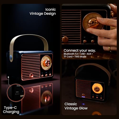 Image of Walta Elite Retro Portable Bluetooth Speaker, Vintage Design Black, 10W, Illuminated Volume Knob, TWS Mode, BT 5.4, USB /AUX /TF, Type-C Charging, up to 5Hrs Playtime with Carry Strap