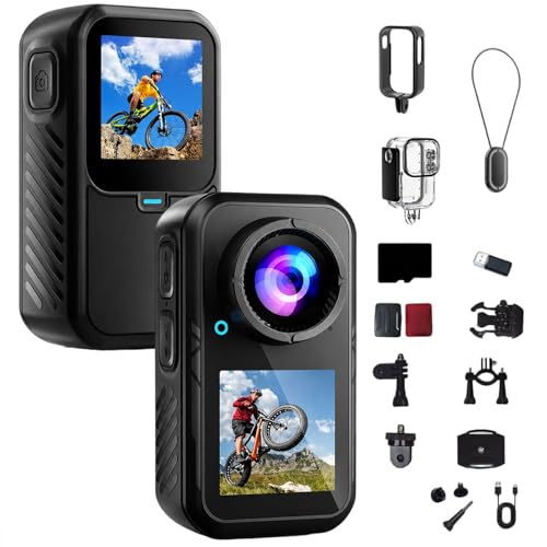Cámara para motocicleta, cámara de acción HD 5K con doble pantalla, estabilización de imagen y tarjeta de memoria, cámara deportiva impermeable de 24 MP para montar en motocicleta, ciclismo, buceo