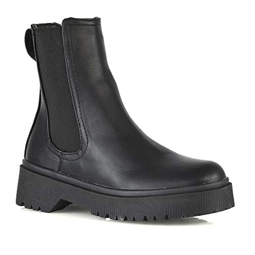 Essex Glam Womens Chelsea Ankle Boots Ladies Black Synthetic Leather Block Low Heel Elastic Gusset Chunky Sole Combat Shoes 9 B(M) Us #TOP22