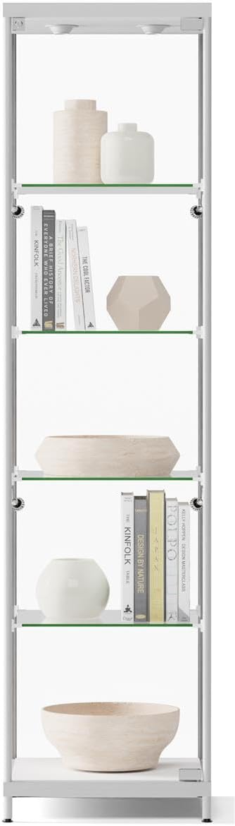 Displays2go Showcases in Glass with LED Illumination, 4 Fixed Shelves, MDF & Anodized Aluminum – Silver (LESC5578SV)