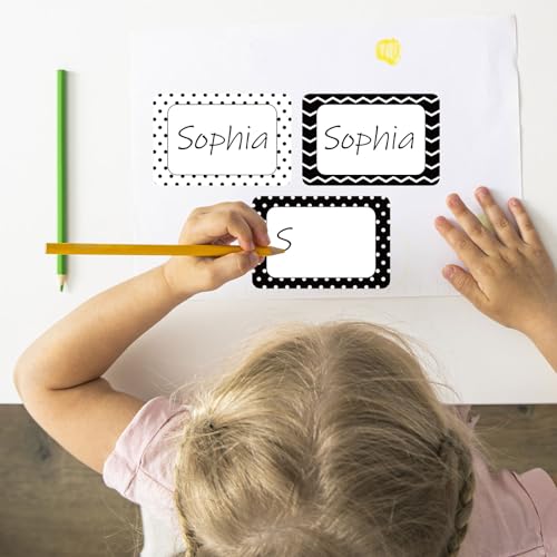 Image of Whaline 180 Pcs Back to School Name Tag Stickers Self-Adhesive Nameplate Decal Black White Polka Dot Stripe Plaid Blank Name Label for School Classroom Bulletin Board Desk Wall Decor