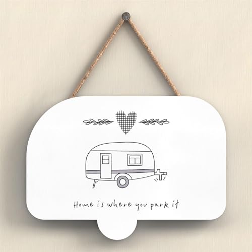 Image of Global Designs HOME IS WHERE YOU PARK IT SENTIMENTAL GIFT IDEA WOODEN CARAVAN HANGING PLAQUE