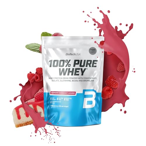 BioTechUSA 100% Pure Whey | Proteine in polvere con BCAA e glutammina | Senza glutine, senza olio di palma | 21g di proteine per porzione, 454 g, Cheesecake al lampone