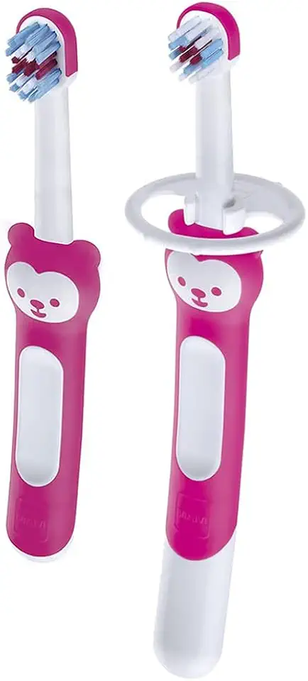 MAM Baby Kit Com 2 Escovas de Dentes Learn to Brush, 1 Com Cabo Alongado e 1 Com Cabo Curto, para Crianças de 5+ Meses Com Cabo Ergonômico e Fácil de Segurar, Rosa