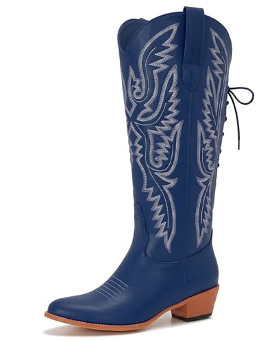 Image of Uillnoodu Wide Calf Cowboy Boots Women Adjustable Lace Up Knee High Tall Plus Size Cowgirl Boots Western Style Comfortable 2-Inch Heel