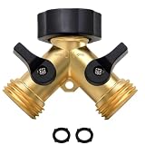 Garden Hose Splitter 2 Way, Y Hose Splitter, Heavy Duty Brass Y Connector Hose Bib Adapter, 3/4" Standard GHT Hose Thread with 2 Extra Rubber Washers for Lawn & Garden and Outdoor Use
