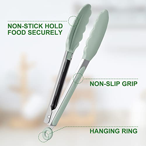 EEKEDO-Kitchen-Tongs-Stainless-Steel-Silicone-Tongs-for-Cooking-600oF-High-Heat-Resistant-BBQ-Grilling-Locking-Tongs-Set-of-2-9-and-12-Light-Green