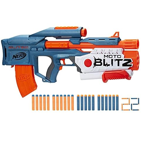 Nerf Elite 2.0, Blaster Motoblitz, 10 rzutek i Airblitz 6 jednym strzałem, ładowarka, 22 rzutki