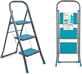 Beldray LA024510TQ 3 Step Ladder with Non-Slip Steps, Indoor and Outdoor, Durable and Sturdy, Approx 2.5 Metre Reach Height, Safety Clip, Easy to Store and Transport, Turquoise/Grey