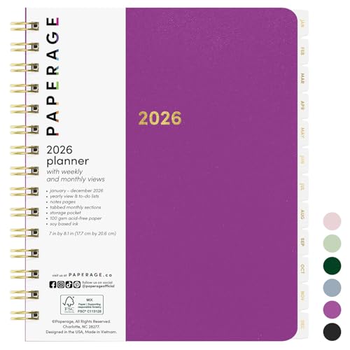 PAPERAGE 2026 Weekly & Monthly Planner, 12 Months (January 2026 - December 2026), 6.6 in x 8.1 in, Spiral Bound 2026 Planner with Weekly, Monthly & Yearly Views, Note Pages & Inner Pocket – Raspberry