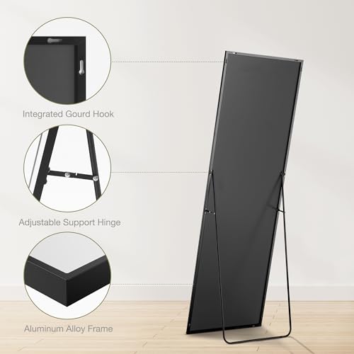 Sweetcrispy 64"x21" Full Length Mirror, Standing or Leaning Full Body Mirror with Aluminum Alloy Thin Frame, Suitable for Bedroom or Cloakroom,Black