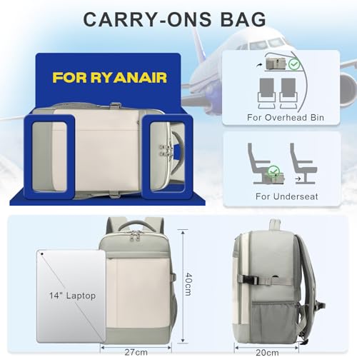 Xkdoai Mochila Viaje Cabina Avion 40x30x20 para Ryanair Equipaje de Mano Mochila con Bolsa Antirrobo y Orificio de Carga Maletas de Viaje para Ryanair Vueling Wizz Air - imagen 2