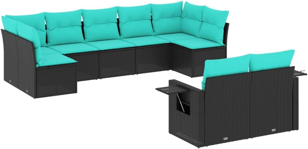 vidaXL Patio Sofa Set - 9-Piece Black Rattan Outdoor Furniture w/Cushions - Folding Side Tables, UV-, Weather-