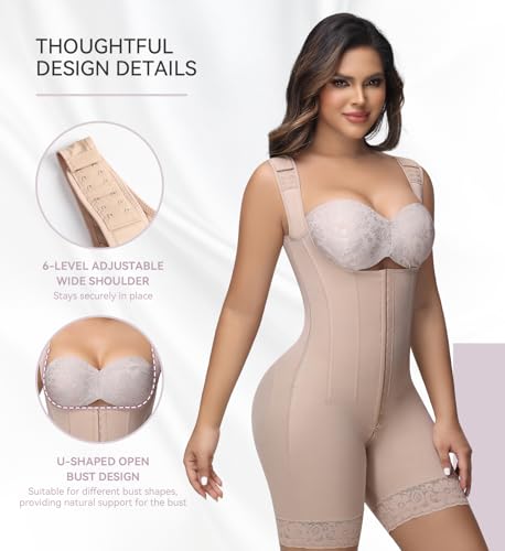 Image of SHAPSHE Fajas Colombianas Moldeadoras Open Bust Full Body Shaper with Bones | 9 Bones Waist Back Support, 3 Hooks Adjustable Compression, Stage 2 3 Faja Postpartum Post Surgery, Breathable Soft Fabric