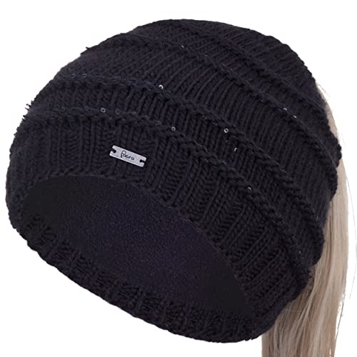 Faera Damen Wintermütze Zopfmütze Zopfloch Loch Zopf Beanie Mütze Strickmütze 72, Farbe:Schwarz