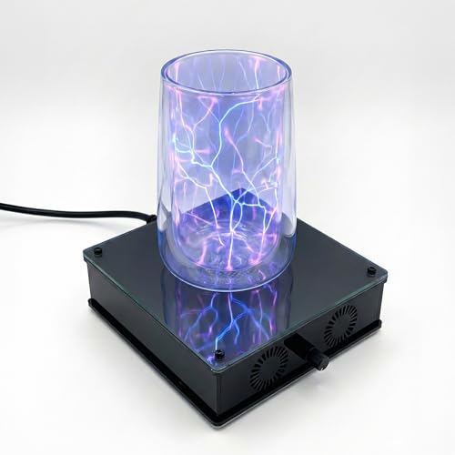Lynes Tech Plasma Art Electric Lightning Glass Cup with Tesla Foil Base, Interactive Neon Effect Drinking Tumbler for Coffee Tea Beverages, Touch Sensitive Illuminated Glassware (Blue)