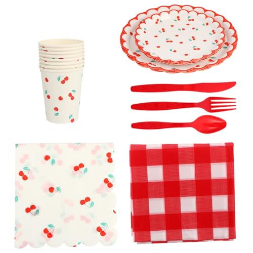 STOBAZA 500 Piece Cherry Themed Party Tableware Set Disposable Plates Cups Napkins for Fruit Pattern Decorations