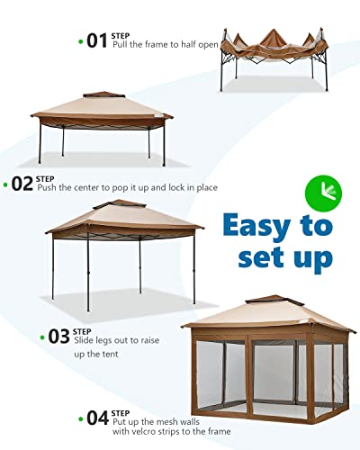 Quictent 11’X11’ Pop Up Gazebo Tent With Mosquito Netting, Vented Top Outdoor Instant Screened Gazebo Tent Canopy Shelter With 4 Sand Bags, Beige #TOP7