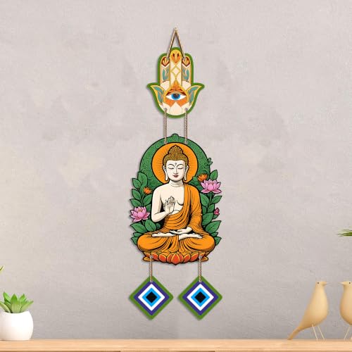 Image of Artvibes Buddha Wall Hanging with Hamsa Hand & Evil Eye Accents | Spiritual Wooden Decor for Meditation | Yoga and Prayer Spaces | Decorative Hanging Ornament for Home Entrance (WH 8596N)
