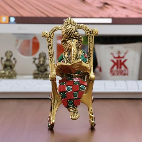 Image of KridayKraft Chair Ganesha ji Reading Book with Stone Work,Ganesha Metal Statue,Ganpati Murti Idol for Pooja & Home,Office Decor Ganesh Idol Religious Showpiece for Decoration & Gifting Article