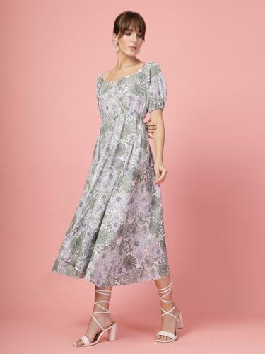 Image of OOMPH! Below Knee Shift Pink Dress in Crepe Fabric with Round Neck and Puff Sleeves - md619l
