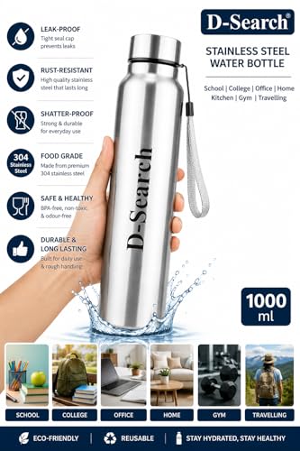 Image of D- Search Steel Water Bottle|1000 ml|Silver|Leak-Proof,Rust-Resistant|Shatter-Proof|Food Grade|School|College|Office|Home|Kitchen |Gym |Travelling Pack Of (1)