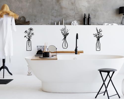 3 Stück Metall Blumen Wanddekoration Schwarz, Wanddeko Metall Blumenvasen Rustikale Wandkunst Dekor für Wohnzimmer Schlafzimmer Flur Esszimmer, Minimalistische Wandbilder Art Wanddeko Vintage Stil