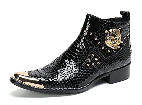 Santimon Men Chelsea Boots Casual Dress Ankle Boots Handmade Genuine Leather Western Boot Metal Square Toe Zipper Snake Print Party Wedding Disco Singer Cowboy Boots for Men