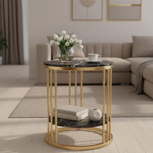 Image of Modern Coffee Table Metal Side Table with Marble Finish Top | 2-Tier Round End Table for Living Room & Bedroom (Black & Gold)