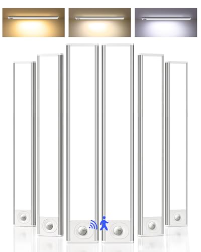 Under Cabinet Lighting, 12inch Rechargeable Motion Sensor Light Indoor, 1800mAh Battery Operated Closet Lights, with Dimmable & 3 Color Temps, Wireless Under Counter Lights for Kitchen,Stairs(6Pack) ﻿