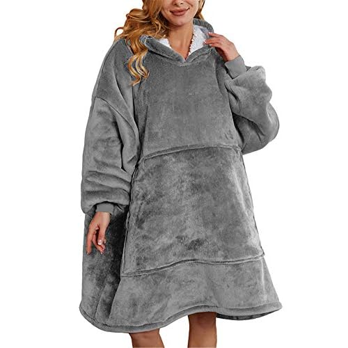 Aujelly Oversized Sweatshirt Blanket Unisex Sherpa Hooded Blanket Portable Cuddly Blanket with Sleeves and Pocket Grau