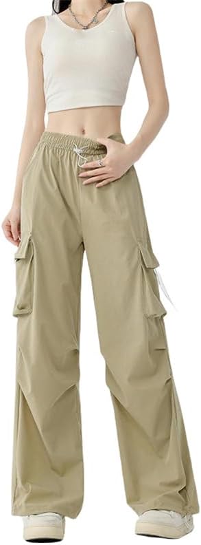 JYHBHMZG Women's Summer American Style Straight Leg High Waist Casual Wide Leg Sports Nylon Cargo Pants