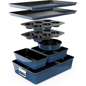 NutriChef Set Padelle Antiaderenti 8 Pezzi, Teglie da Forno Antiaderenti, Stampi Torta Rotonda, Plumcake, Muffin, Teglie Ampie/Quadrate, Piastra Biscotti, Blu