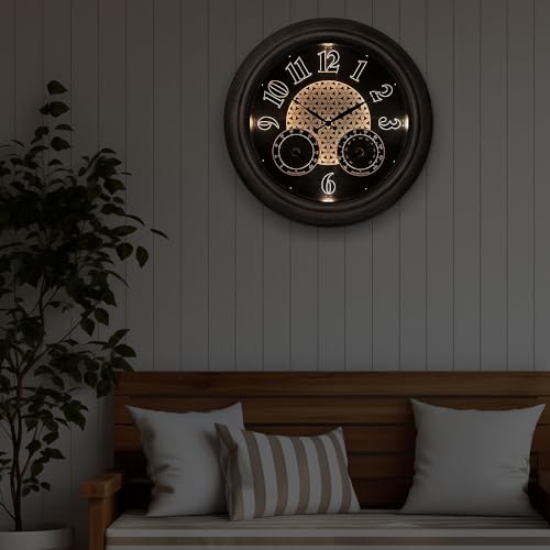 Presentime & Co. 18 Inch Illuminated Outdoor Clock, Waterproof Lighted Large Wall Clock with Thermometer & Hygrometer, Elegant & Vintage Home Decor for Garden, Patio, Pool, Grey Oak Finish