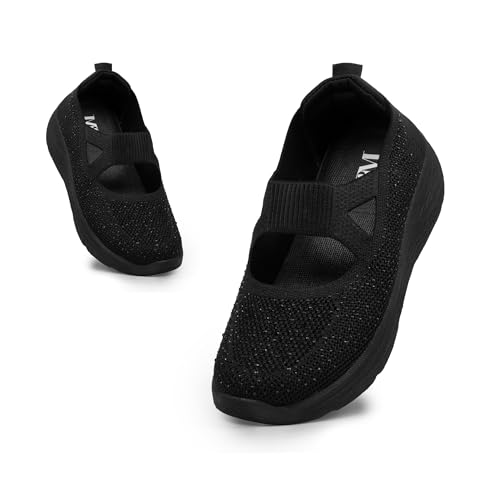 A&M Knitting Slip-On Womens Trainers - Breathable Soft Mesh Lightweight Orthopedic Running Shoes for Women, Arch Support, Non-Slip Flexible Sole Girls Walking Sneakers with Wedge Heel | Black