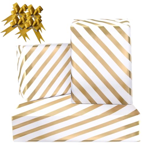 Gold Happy Birthday Wrapping Paper 43% Bigger 85 * 60cm 4 Sheets 4 Bows Gift Wrap Pack for Her Girls Mum Wife Kids Men Dad Husband Brother Son Boysster Daughter Kid