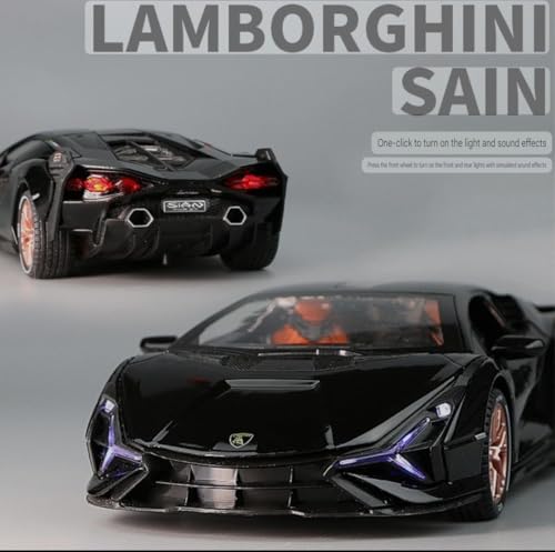 Image of Advisian store 1:24 Lamborghini Sian Die-cast Metal Toy Model Car Pull Back car Super car with Openable Doors with Sound and Light for Gifts Toys for Kids (1:24 Lamborghini Sian - Black)