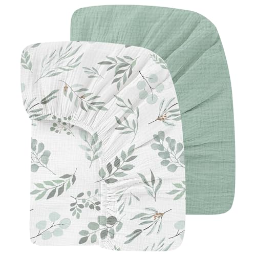 Image of Organic Crib Sheets Fitted Crib Mattress Sheet 2 Pack 52x28 Inches 100% Muslin Cotton for Baby Girls & Boys, Soft Boho Neutral Toddler Bed Sheets Fits Well Standard Size Crib Mattress 28x52 Inches