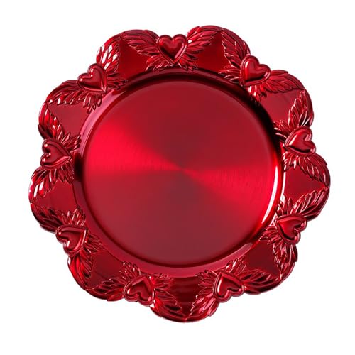 Assiette décorative de 32 cm en plastique avec motif cœur - Assiettes de présentation festives pour différentes occasions - Soucoupes pour mariage, jubilé, Noël - Assiette de Noël - Rouge métallisé