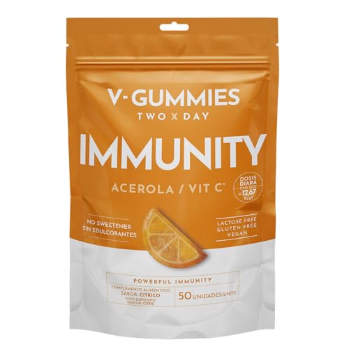 IMMUNITY V-Gummies | Complemento Alimenticio | Con Acerola y Vitamina C | Fortalece Sistema Inmunitario y Activa las Defensas | Sin Gluten, Sin Lactosa, Veganas | Pack 50Uds