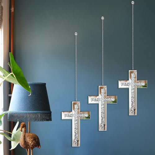 Pibeyer Silver Diamond Shaped Wall Mirror Set of 3, Decorative Crystal Crush Diamond Mirrors for Bedroom, Living Room & Hallway, Home Decor - Image 4