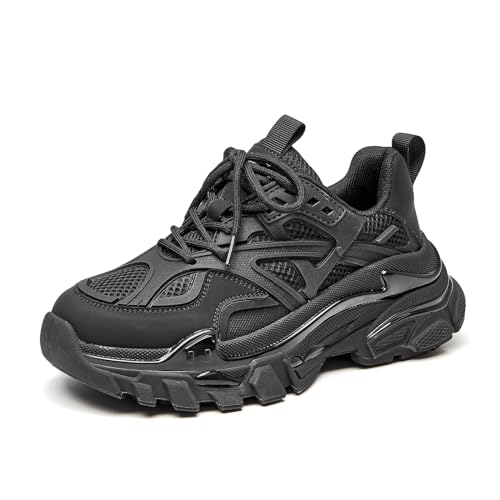 BEAU TODAY Chunky Sneakers for Women, Fashion Platform Sneakers Dad Shoes for Women, Casual Lace-up Walking Shoes Black US 7