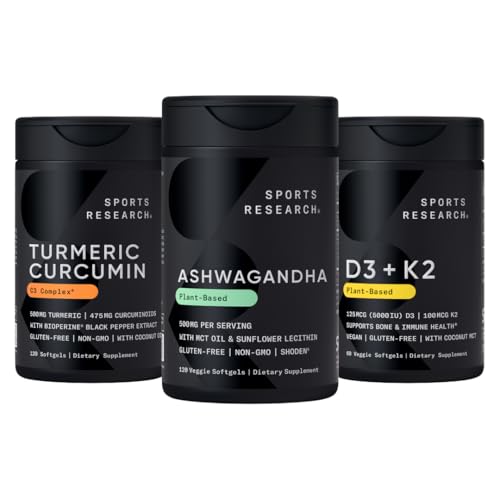 Sports Research® Multivitamins Pack - Natural Ayurvedic Adaptogen Made with Shoden® Ashwagandha + Turmeric Curcumin C3 Complex + Vegan Vitamin D 5000iu & Mk7 Vi