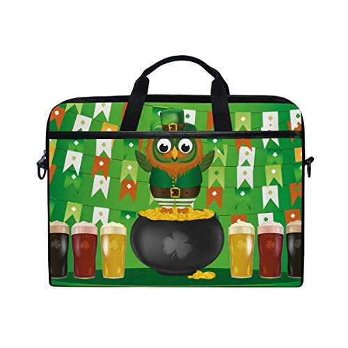Ahomy 14 – 14.5 Pulgadas Laptop Bag, St Patrick's Day Verde Búho Dorado Pot Cervezas Multifuncional Tela Impermeable Laptop Case Briefcase con Correa de Hombro