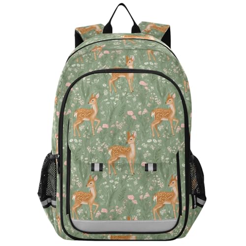 Sac à dos ordinateur portable lycée motif cerf et fleurs style décontracté pour voyage