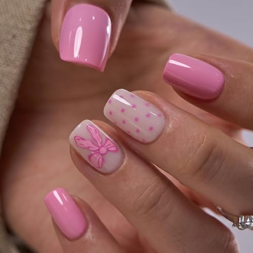Image of CurvLife Soft Gel Press On Nails Square, Long-Lasting 32Pcs 16Size Reusable Stick On Fake Nails Kit with Glue Tabs, Glossy Salon-Style Manicure for Women Teens Beginners, At-Home (Sugar Bow)
