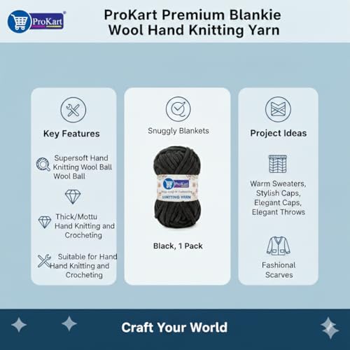 Image of ProKart Premium Blankie Wool, Plush & Cuddly, Chenille Yarn Supersoft Hand Knitting Wool Ball | Blanket Thick /Mottu Yarn Ball Suitable for Hand Knitting and Crocheting (Black, 100gms x 1 Pack)