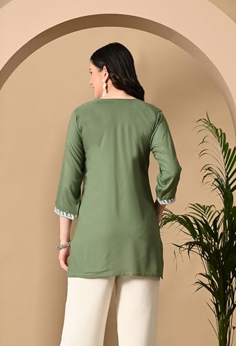 Image of LIBOZA Women's Chikankari Embroidered Short Kurti, Rayon Fabric, Three-Quarter Sleeves, Available in Pink, Black, Mustard Yellow, White, Pista and Green